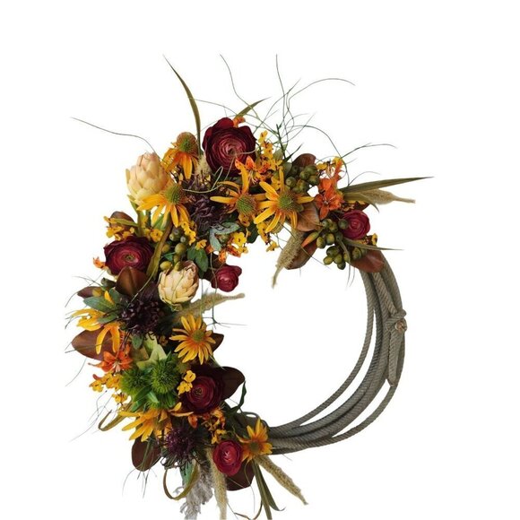 22 inch Summer Fall Harvest Rope Wreath With Faux Wild Flowers & Greenery For Ho - Picture 2 of 5